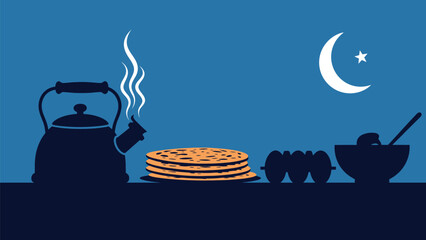 Traditional iftar meal setup with pancakes dates and tea on a serene night during Ramadan celebration outdoors