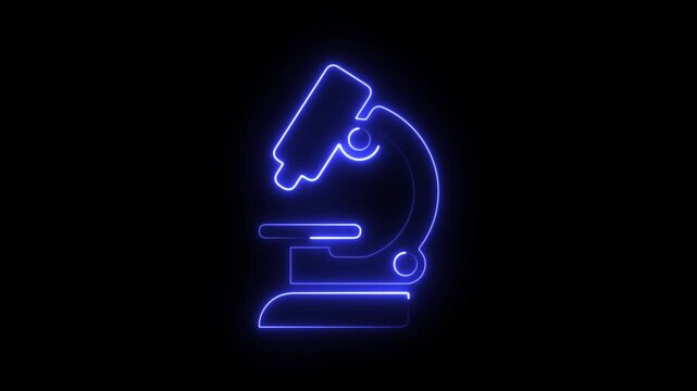 Neon microscope icon animation, glowing neon effect blue microscope machine video animation,4K motion graphic representing chemistry, biology, microbiology, and pharmaceutical research.