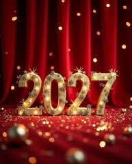 Classic Festive New Year 2027 Gold Numbers with Ornaments on Red Curtain Background