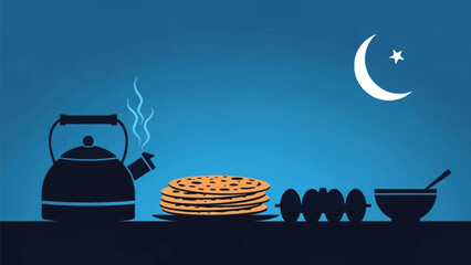 Ramadan celebration with traditional food and steaming kettle under crescent moon and star symbolizing Islamic holiday