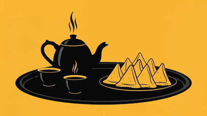 Traditional tea setting with teapot and cups accompanied by triangular shaped food items on a vibrant yellow background