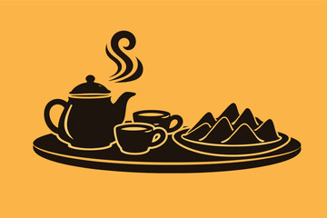 Simple illustration of traditional tea time with teapot and pastry on a vibrant orange background setting