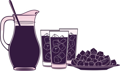 pitcher filled with dark drink and glasses with ice on side with fruit on the side too