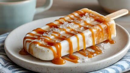 Creamy Dessert Popsicle Topped with Caramel and Sea Salt Crystals