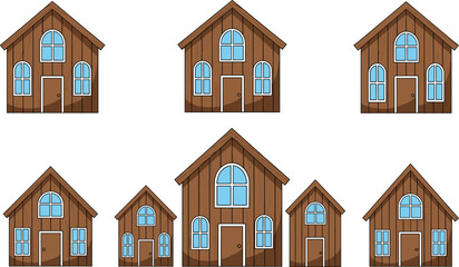 Wooden house vector set with cozy cottage buildings and blue windows cute home illustrations isolated on white