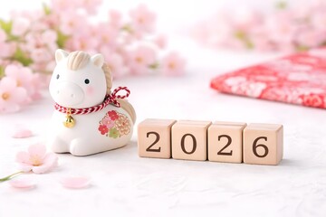Small figurine of a cow wearing a red ribbon and floral decoration symbolizing the year 2026 celebration on a white surface