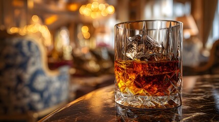 Elegant Glass of Whiskey with Ice on a Polished Table Surface