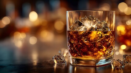 Crystal Glass with Whiskey and Ice on a Bar Counter at Night