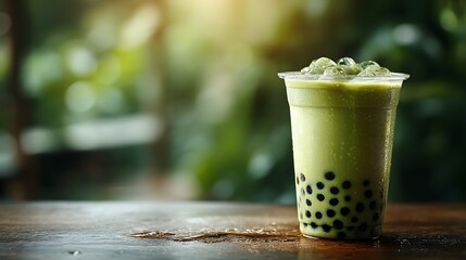 Refreshing Green Tea Drink with Tapioca Pearls on Wooden Table