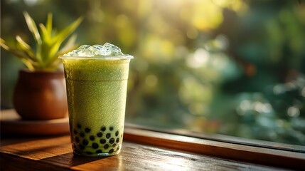 Refreshing Green Drink with Tapioca Pearls Near Window Light