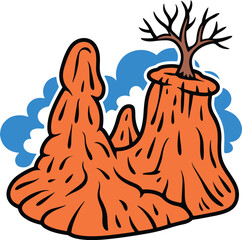 Whimsical Orange Rock Formations with a Bare Tree and Blue Clouds