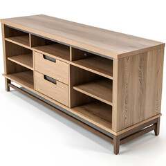Modern wooden TV stand with storage compartments, displayed on transparent background