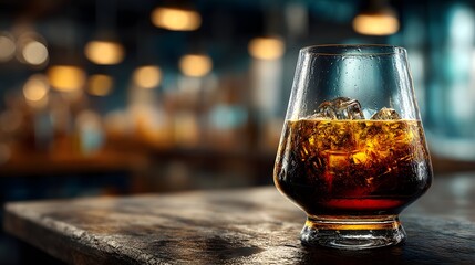 Glass of Whisky with Ice Cubes on Wooden Table in Luxurious Bar