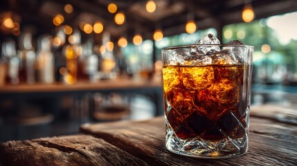 Glass of Whiskey with Ice in a Cozy Bar Setting at Night