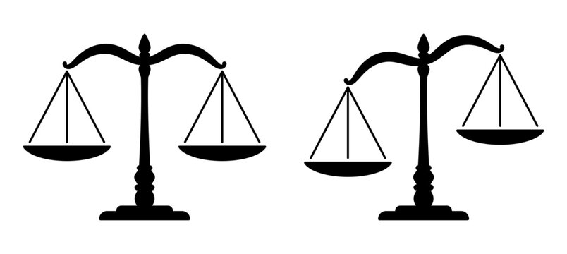simple classic uneven unbalanced balanced balance justice scales silhouette vector set on transparent background