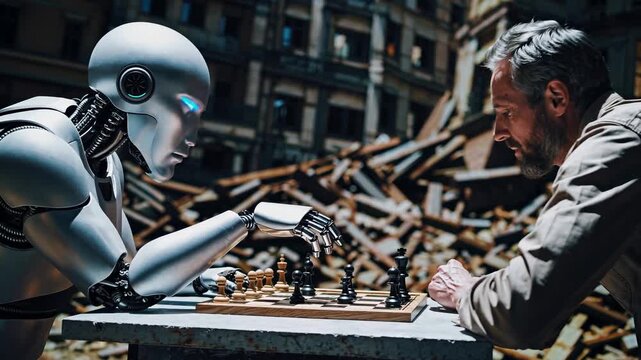 humanoid robot and man play chess at table against backdrop of ruins. Slow hand movements, human machine interaction. Artificial intelligence competes with human in chess match in post-apocalypse.