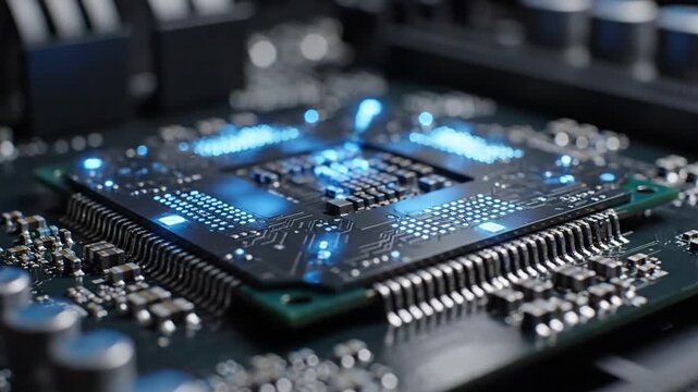 Macro shot of a computer's central processing unit. Blue glowing lights illuminate circuits
