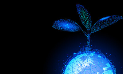 Digital Ecology and Biotechnology Background with Glowing Mesh Tree and Planet © ARIFUL