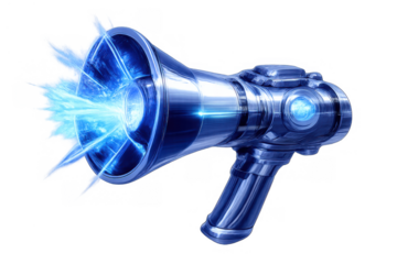 Sci-fi megaphone projecting powerful blue energy blast, announcing future technology, news, and communication concept on transparent background