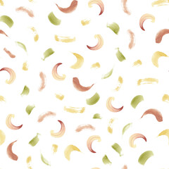 Hand drawn abstract floral petals watercolor seamless pattern on white. Pastel yellow, pink and green curly brush strokes repeat background in neutral colors. Simple style wallpapers or wrapping paper