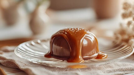 Creamy Dessert with Caramel Sauce on Plate in Soft Lighting