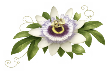 Passion flower blooming, showcasing intricate purple, white, and yellow petals with lush green leaves and delicate tendrils, on transparent background