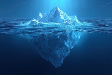 Obraz premium An iceberg danger awareness visualization is presented in passive voice, underwater ice reveals true scale, melting textures suggest warming climate, realistic 3D render quality is strong 