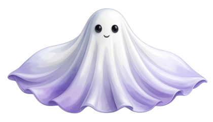A smiling, cartoon ghost with a draped, purple-tinged sheet against black