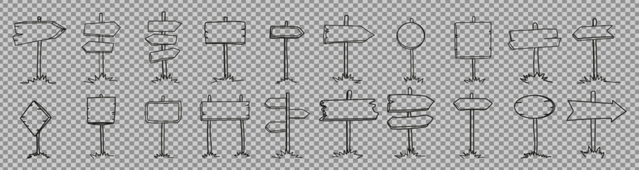 Hand-drawn doodle road sign set featuring wooden signposts, street direction arrows, and blank arrow boards in sketch style.