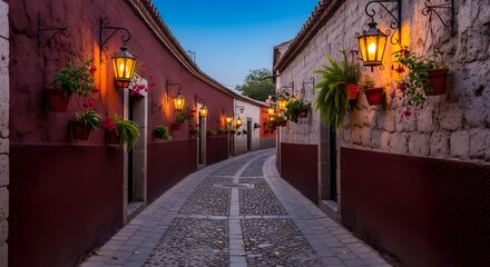 Obraz premium Curving stone alleyway with wine-red and cream walls, glowing lanterns, potted flowers, and textured cobblestones, capturing the warm, inviting spirit of a romantic historic street winding gently thro