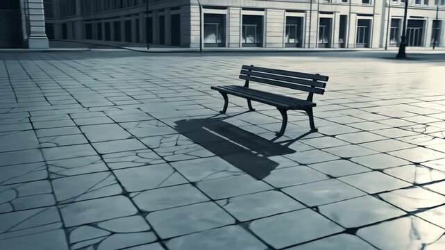 Empty Park Bench in a City Square Under Dramatic Lighting.