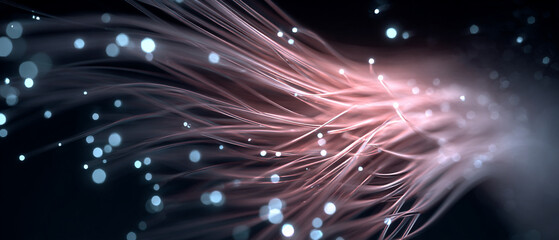 A mesmerizing display of pink and white light trails against a dark background with scattered blue dots