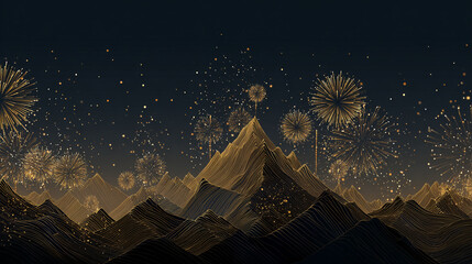 A stunning nighttime scene of fireworks exploding over a majestic mountain range under a starry sky