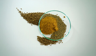 Shrimp feed displayed in pellet and powder form inside a clear glass bowl on a white background, showing raw materials used in aquaculture feed production that represents shrimp farming nutrition