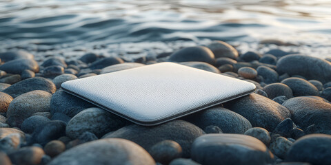 Laptop Sleeve Mockup on Stylized Pebble Base with Ambient Lighting