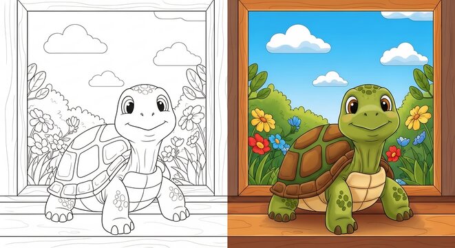 Smiling turtle looking out window with garden view