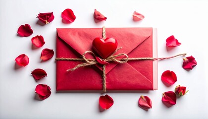 Red envelope with heart and rose petals, romantic valentine's concept