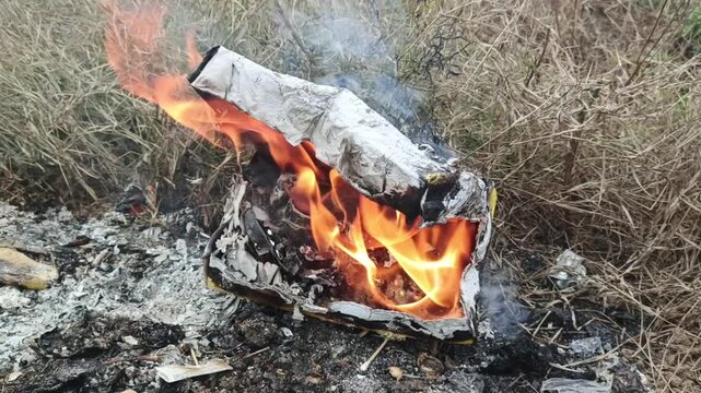 cardboard burning, garbage burning on grass field, air pollution, smoke from fire  