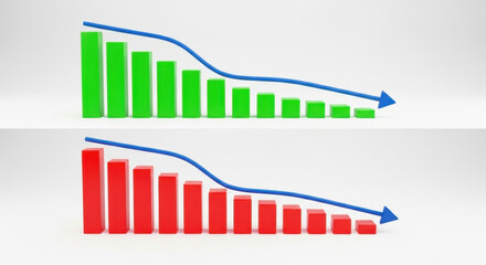 Business Downturn and Market Crisis Concept. Economic Recession Chart Showing Declining Green and Red Bar Graphs with Blue Arrow Indicating Loss and Downward Trend.