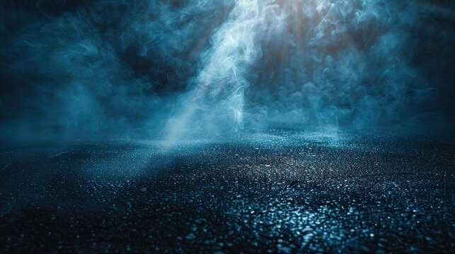 Abstract black background with spotlight and fog, empty concrete floor product presentation, black studio room with smoke for professional photography