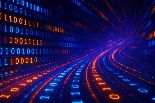Abstract binary code tunnel with glowing orange and blue numbers representing data processing and high speed internet transfer