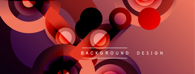 Abstract geometric shapes, red hues dominate. Overlapping circles create dynamic visual texture. Modern design elements present sleek composition.