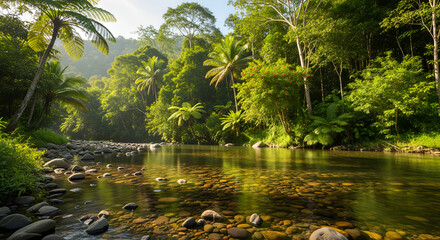 Serene Woodland Stream Flowing Over Pebbles Under Lush Green Forest Canopy, Capturing Tranquil Summer Nature for Mindfulness, Eco Tourism, Wellness Lifestyle, and Natural Background Designs