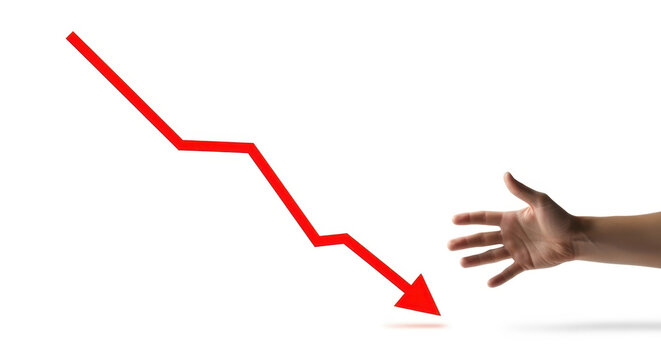 Business Falling Down Concept Hand Reaching for Decreasing Red Arrow Graph. Loss Failure Crisis Risk Economic Recession Stock Market Plunge Decline.