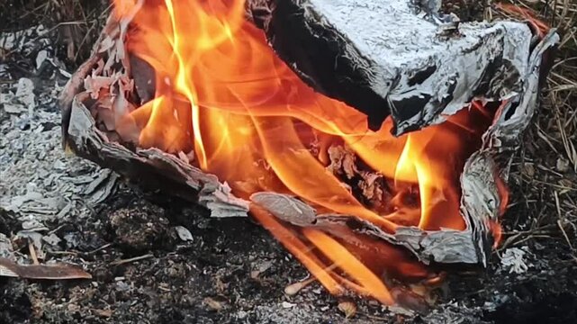 cardboard burning, garbage burning on grass field, air pollution, smoke from fire  