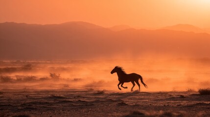A silhouette of a majestic horse galloping freely across an open, dust-filled plain at sunrise, the sun's warm glow casts long shadows across the landscape. 