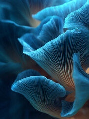 A close-up view of vibrant blue mushrooms with uniquely textured caps and stems in a dark setting