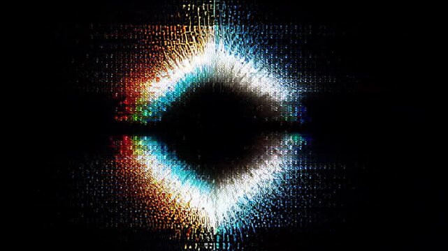 Abstract digital data flow with vibrant glitch artifacts and bright energy signal spike on a dark background, perfect for futuristic technological visualizations.