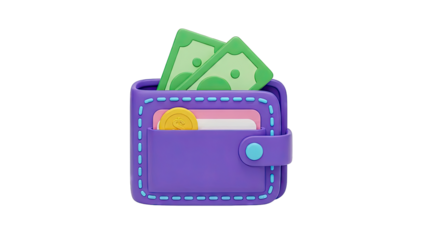 3D Cartoon Wallet with Money and Coin