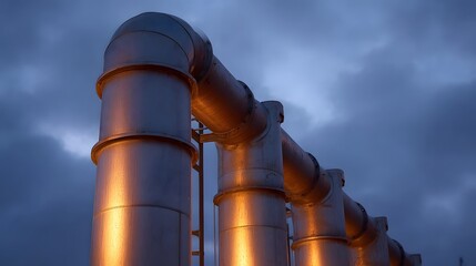 Large industrial pipes illuminated by warm light against a dark cloudy twilight sky
